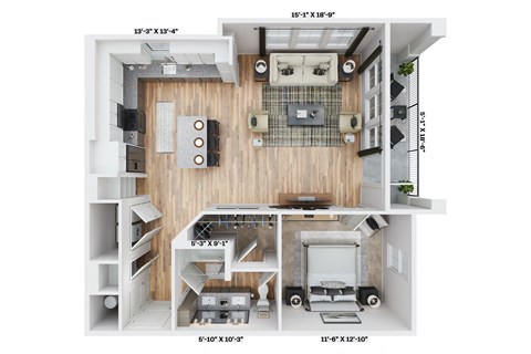 a stylized floor plan with a bedroom and a living room